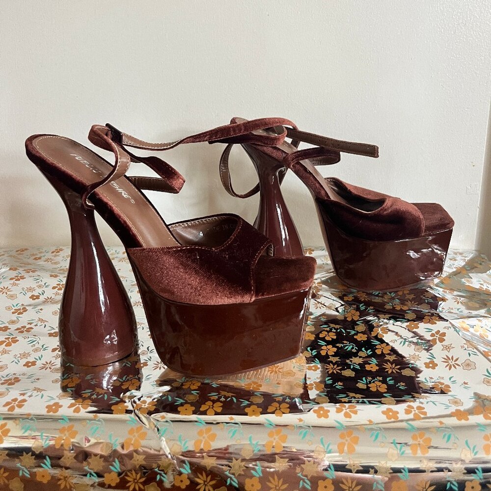 Funky Velvet & Shiny Platform Heels with ankle strap